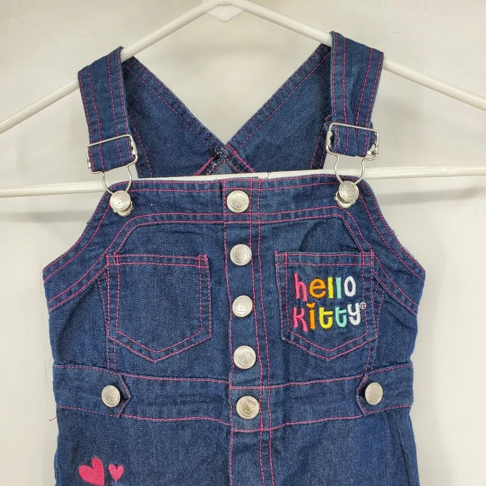 Hello Kitty Sanrio Girl's Denim‎ Button Embroidered Pink Thread Overall Dress 4